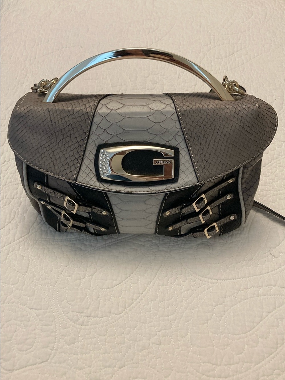 GUESS Gray and Black Textured Top-Handle Satchel